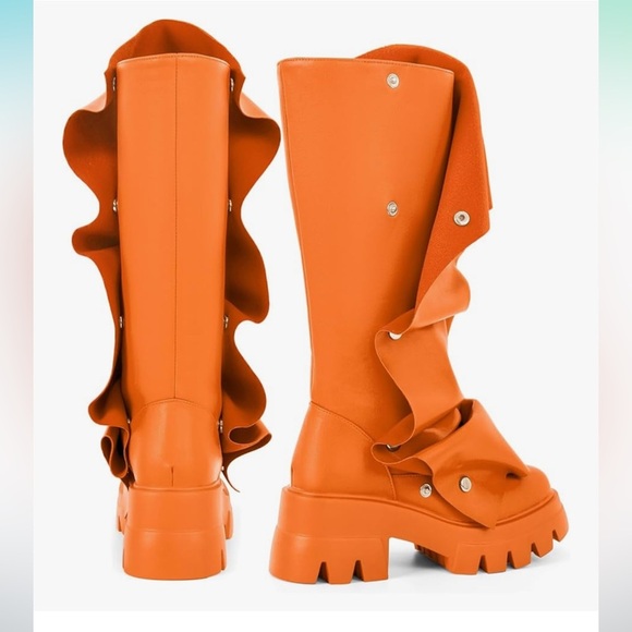 Sexy Tag Womens Orange Platform Slouchy Fold Over Boots Block Heel 6 - Picture 3 of 11